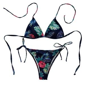 Floral Print Triangle Top String Bikini Swimsuit Blue & Pink‎ Size S